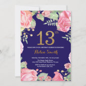 花柄の第13誕生日の金ゴールドのグリッターの濃紺 招待状 (正面)