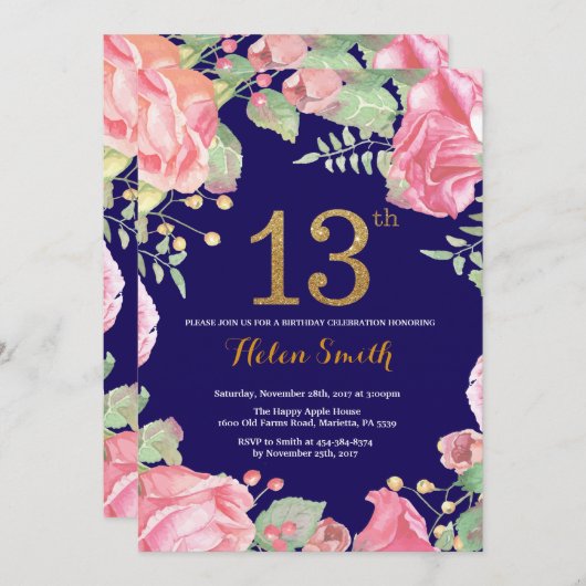 花柄の第13誕生日の金ゴールドのグリッターの濃紺 招待状 (正面/裏面)
