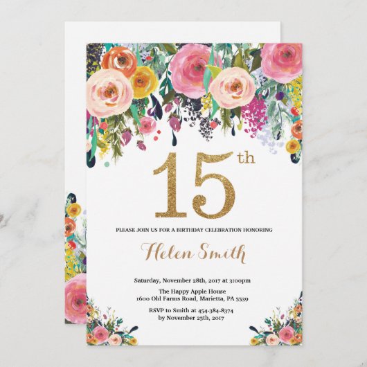 花柄の第15誕生日の招待状の金ゴールドのグリッター 招待状 (正面/裏面)