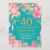 花柄の第40誕生日の金ゴールドのグリッターおよびティール（緑がかった色） 招待状 (正面/裏面)