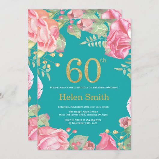 花柄の第60誕生日の金ゴールドのグリッターおよびティール（緑がかった色） 招待状 (正面/裏面)