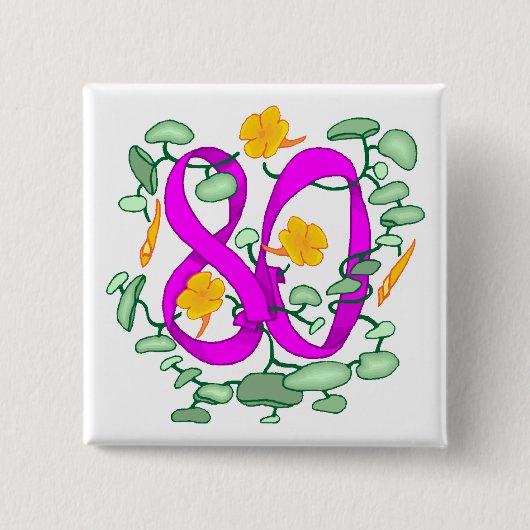 花柄の第80誕生日プレゼント 缶バッジ (正面)