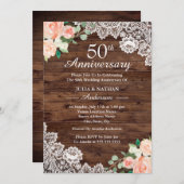 花柄の素朴な木製レース 50周年記念結婚式 招待状 (正面/裏面)