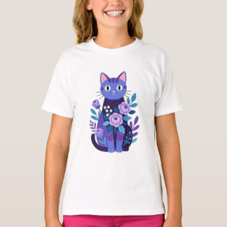 花柄の紫色の猫とバラのイラスト Tシャツ