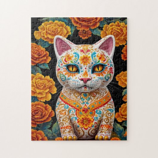 花柄の絵付け猫 ジグソーパズル (縦)