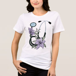 花柄の聴診器 - 開花する癒し トライブレンドＴシャツ