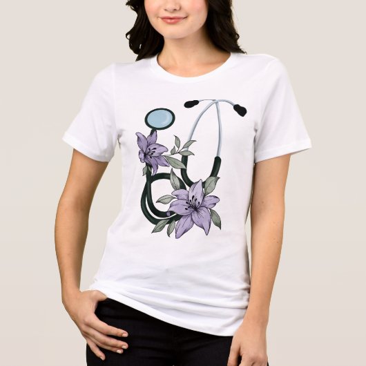 花柄の聴診器 - 開花する癒し トライブレンドTシャツ (正面)