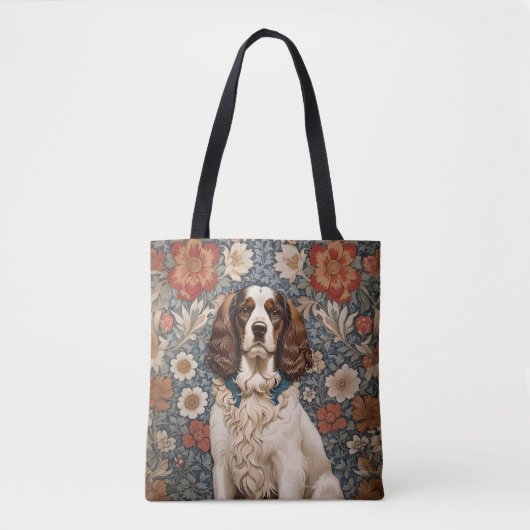 花柄の背景に優雅なスパニエル トートバッグ (正面)