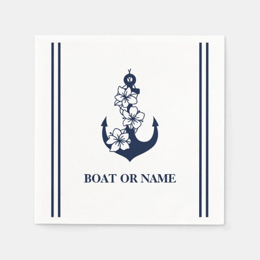 花柄の航海アンカーカスタムボート名ホワイト スタンダードカクテルナプキン (正面)