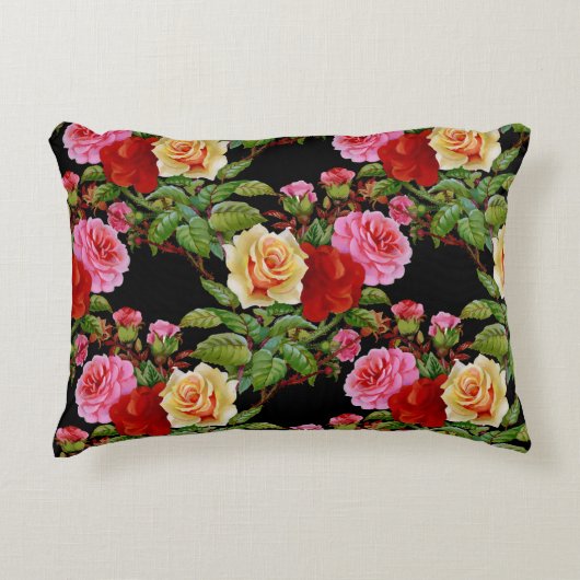 花柄の花バラ赤ピンクイエローグリーン アクセントクッション (正面)
