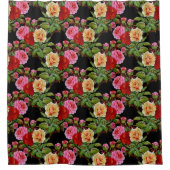 花柄の花バラ赤ピンクイエローグリーン シャワーカーテン (正面)