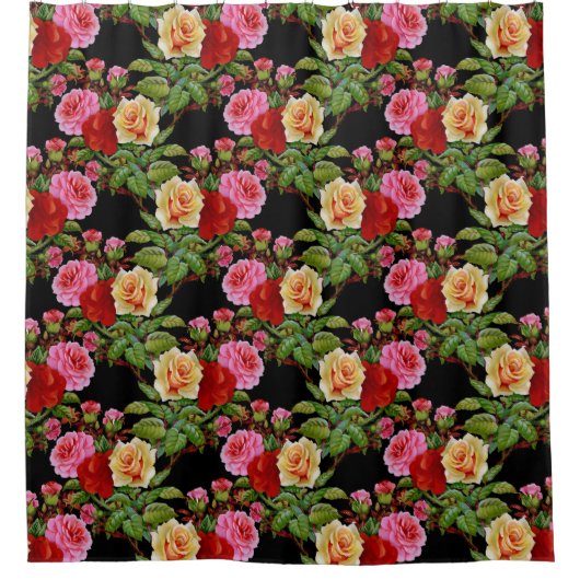 花柄の花バラ赤ピンクイエローグリーン シャワーカーテン (正面)