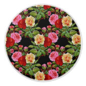 花柄の花バラ赤ピンクイエローグリーン セラミックノブ (正面)