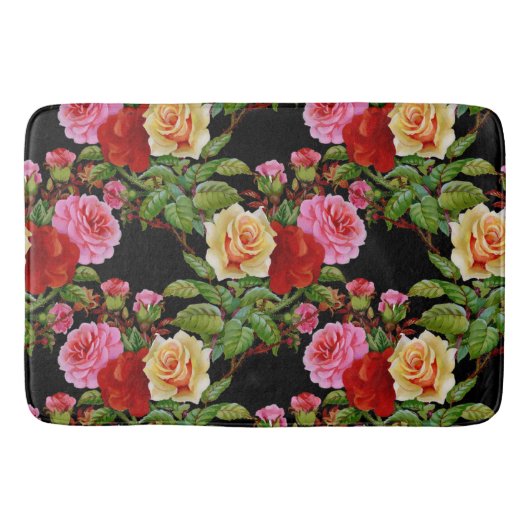 花柄の花バラ赤ピンクイエローグリーン バスマット (正面)