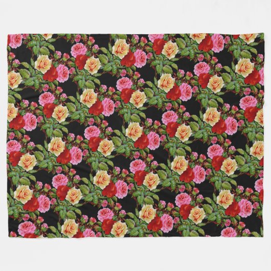 花柄の花バラ赤ピンクイエローグリーン フリースブランケット (正面(横))
