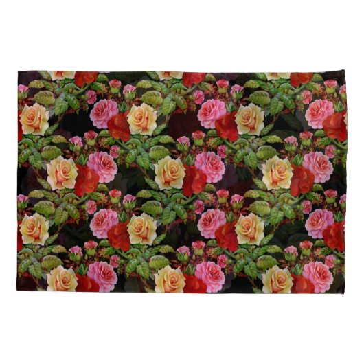 花柄の花バラ赤ピンクイエローグリーン 枕カバー (裏面-左)