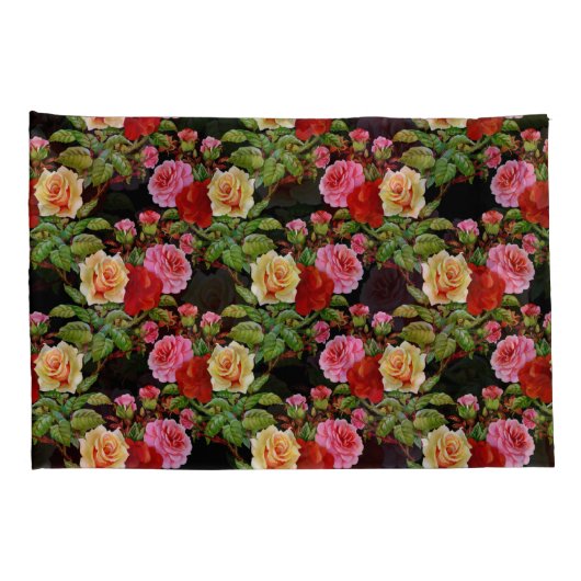 花柄の花バラ赤ピンクイエローグリーン 枕カバー (裏面-右)