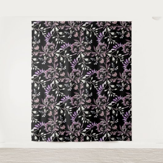花柄の花紫色の黒背景 タペストリー (正面)