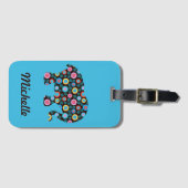 花柄の象(青パーソナライズされた) ラゲッジタグ (正面横)