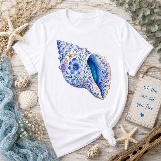 花柄の貝殻アート Tシャツ