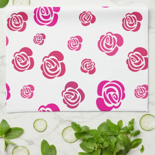 花柄の赤いピンクとマゼンタのバラ キッチンタオル (折り畳み)