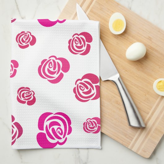 花柄の赤いピンクとマゼンタのバラ キッチンタオル (四つ折り)