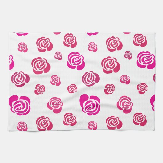 花柄の赤いピンクとマゼンタのバラ キッチンタオル (横)