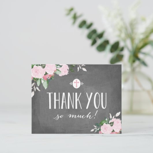 花柄の開花の黒板の宗教サンキューカード サンキューカード (スタンド正面)