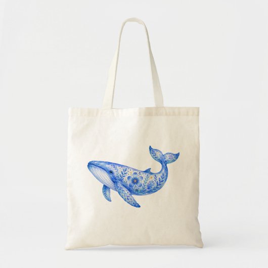 花柄の陶器 青いクジラ トートバッグ (正面)