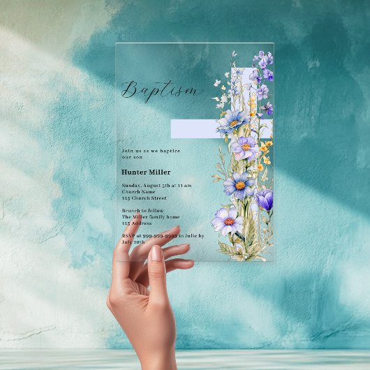 花柄の青いクロスの少年　清楚な洗礼式 アクリル招待状