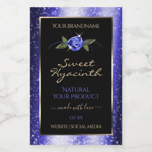 花柄の青い黒い製品ラベル　きらきらした星 フードラベル (シングルラベル)