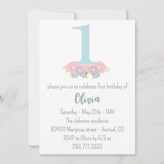 花柄の青とピンクのパステルカラー 1歳の誕生日パーティー 招待状 (正面)