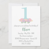 花柄の青、ピンクのパステル 1歳の誕生日パーティー 招待状 (正面)