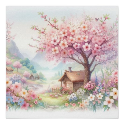 花柄の風景の中の可愛い田舎のキャビンの水彩画  ポスター (正面)