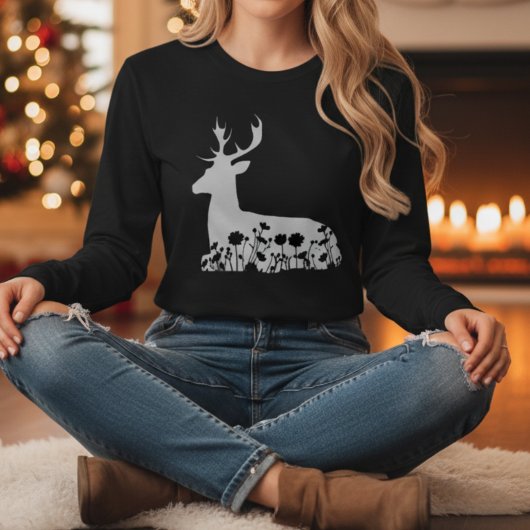 花柄の鹿 自然 野生生物 クリスマス ギフト Tシャツ