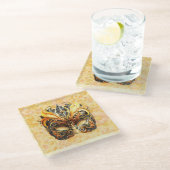 花柄の黄色い羽毛マスク ガラスコースター (アングル)