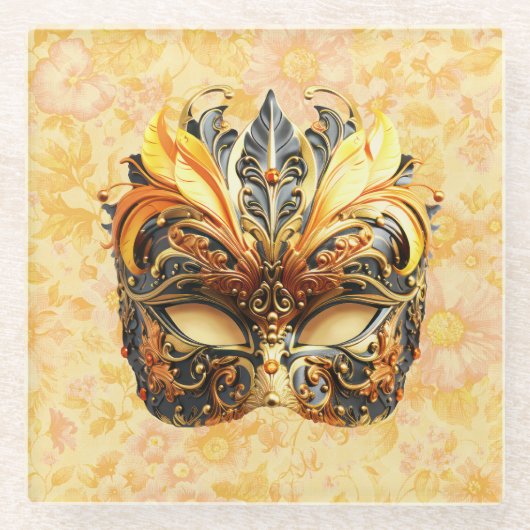 花柄の黄色い羽毛マスク ガラスコースター (正面)