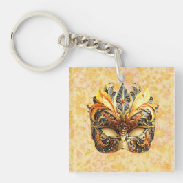 花柄の黄色い羽毛マスク キーホルダー