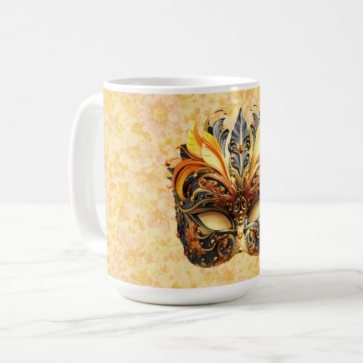 花柄の黄色い羽毛マスク コーヒーマグカップ (正面左)