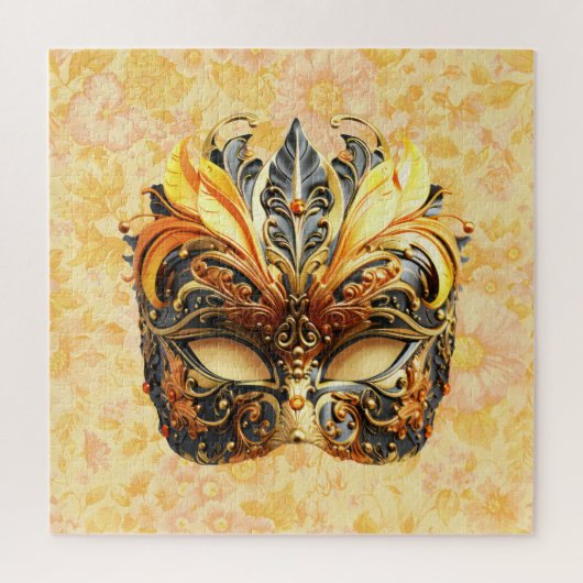 花柄の黄色い羽毛マスク ジグソーパズル (縦)