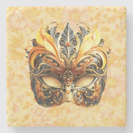 花柄の黄色い羽毛マスク ストーンコースター (正面)