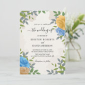 花柄の黄色と青の結婚式招待状 招待状 (スタンド正面)