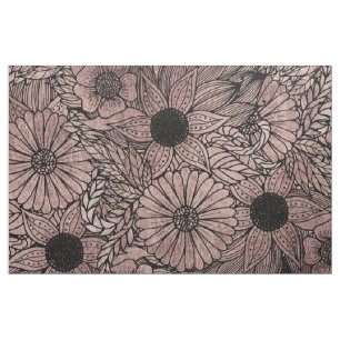 花柄の黒を引くばら色の金ゴールドの花および葉 ファブリック