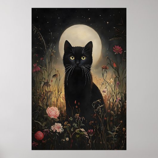 花柄の黒猫と月のプリント、花畑の猫 ポスター (正面)