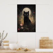 花柄の黒猫と月のプリント、花畑の猫 ポスター (キッチン)