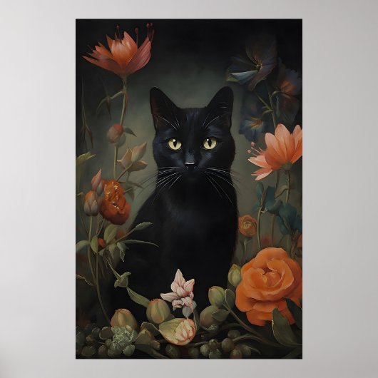 花柄の黒猫プリント、フラワーラバーの猫ポスター ポスター (正面)