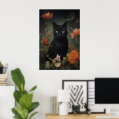 花柄の黒猫プリント、フラワーラバーの猫ポスター ポスター (ホームオフィス)