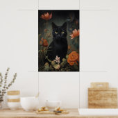 花柄の黒猫プリント、フラワーラバーの猫ポスター ポスター (キッチン)
