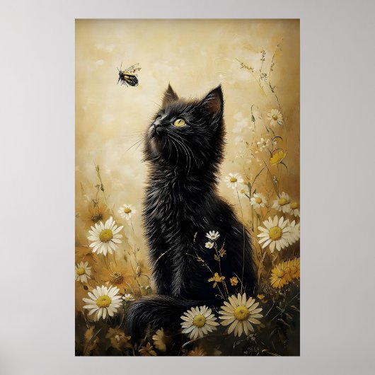花柄の黒猫プリント、牧草地の猫のビンテージポスター ポスター (正面)