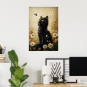 花柄の黒猫プリント、牧草地の猫のビンテージポスター ポスター (ホームオフィス)